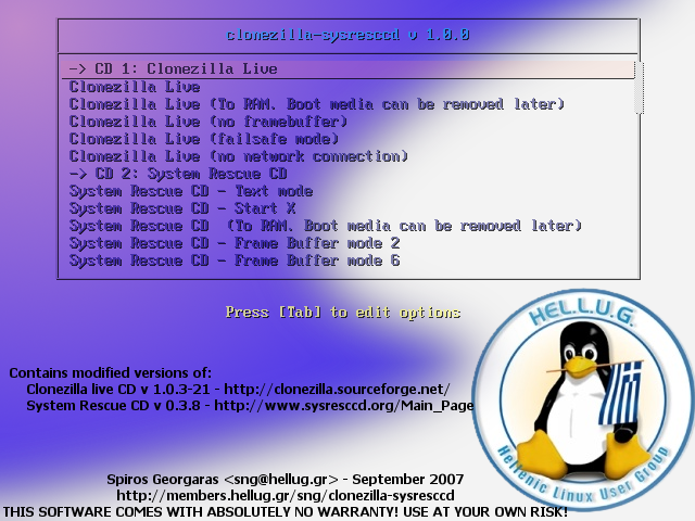 Clonezilla SysRescCD boot menu